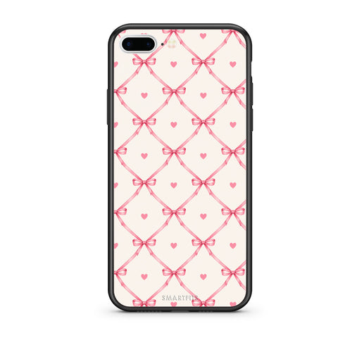 Θήκη iPhone 7 Plus / 8 Plus Pink Bow Lattice and Hearts on Cream από τη Smartfits με σχέδιο στο πίσω μέρος και μαύρο περίβλημα | iPhone 7 Plus / 8 Plus Pink Bow Lattice and Hearts on Cream case with colorful back and black bezels