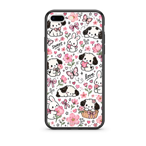 Θήκη iPhone 7 Plus / 8 Plus Pink Florals Puppies and Bunnies on White από τη Smartfits με σχέδιο στο πίσω μέρος και μαύρο περίβλημα | iPhone 7 Plus / 8 Plus Pink Florals Puppies and Bunnies on White case with colorful back and black bezels