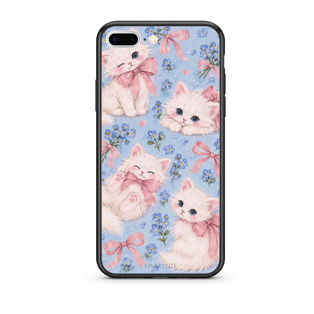 Θήκη iPhone 7 Plus / 8 Plus White Kittens and Blue Flowers Large από τη Smartfits με σχέδιο στο πίσω μέρος και μαύρο περίβλημα | iPhone 7 Plus / 8 Plus White Kittens and Blue Flowers Large case with colorful back and black bezels