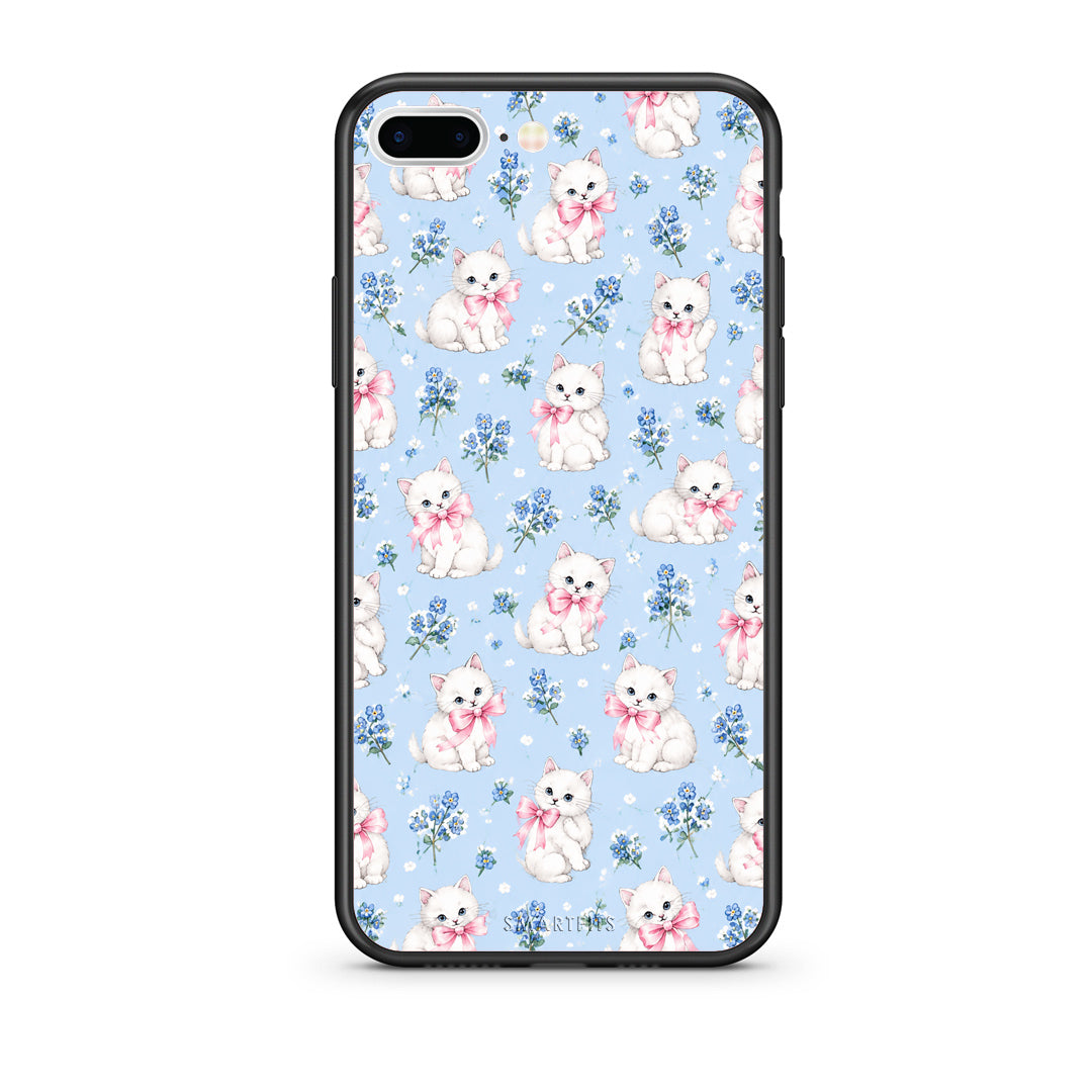 Θήκη iPhone 7 Plus / 8 Plus White Kittens and Blue Flowers Small από τη Smartfits με σχέδιο στο πίσω μέρος και μαύρο περίβλημα | iPhone 7 Plus / 8 Plus White Kittens and Blue Flowers Small case with colorful back and black bezels