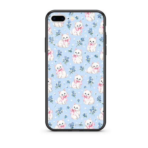 Θήκη iPhone 7 Plus / 8 Plus White Kittens and Blue Flowers Small από τη Smartfits με σχέδιο στο πίσω μέρος και μαύρο περίβλημα | iPhone 7 Plus / 8 Plus White Kittens and Blue Flowers Small case with colorful back and black bezels