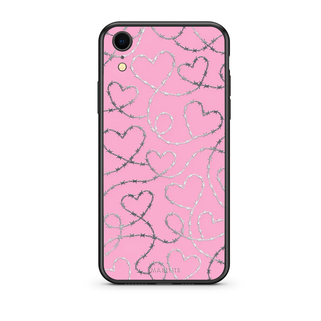 Θήκη iPhone XR Barbed Wire Hearts on Pink από τη Smartfits με σχέδιο στο πίσω μέρος και μαύρο περίβλημα | iPhone XR Barbed Wire Hearts on Pink case with colorful back and black bezels