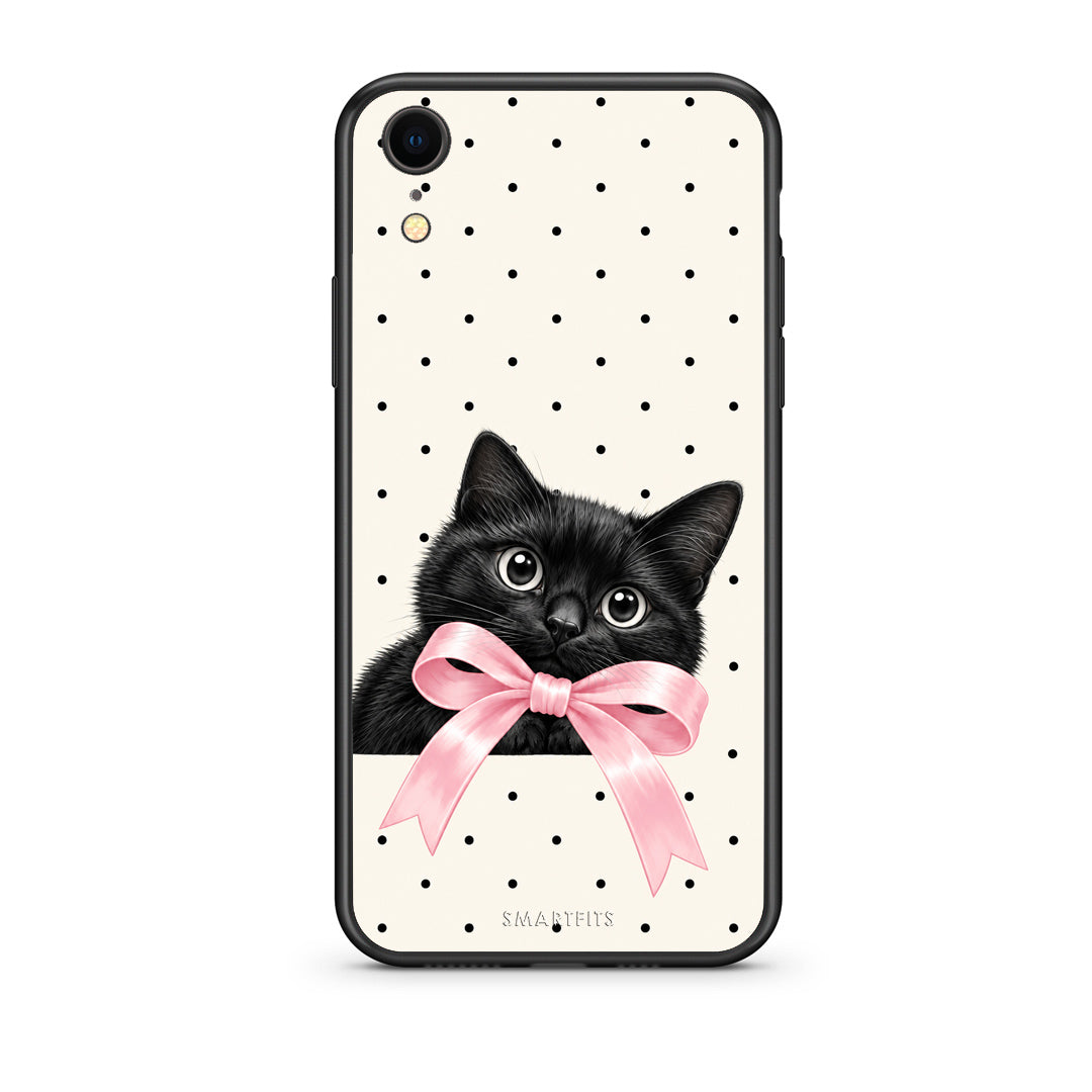 Θήκη iPhone XR Black Kitten Pink Bow and Polka Dots από τη Smartfits με σχέδιο στο πίσω μέρος και μαύρο περίβλημα | iPhone XR Black Kitten Pink Bow and Polka Dots case with colorful back and black bezels