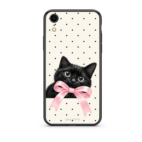 Θήκη iPhone XR Black Kitten Pink Bow and Polka Dots από τη Smartfits με σχέδιο στο πίσω μέρος και μαύρο περίβλημα | iPhone XR Black Kitten Pink Bow and Polka Dots case with colorful back and black bezels
