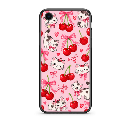 Θήκη iPhone XR Cherries Bows and Kittens on Pink από τη Smartfits με σχέδιο στο πίσω μέρος και μαύρο περίβλημα | iPhone XR Cherries Bows and Kittens on Pink case with colorful back and black bezels