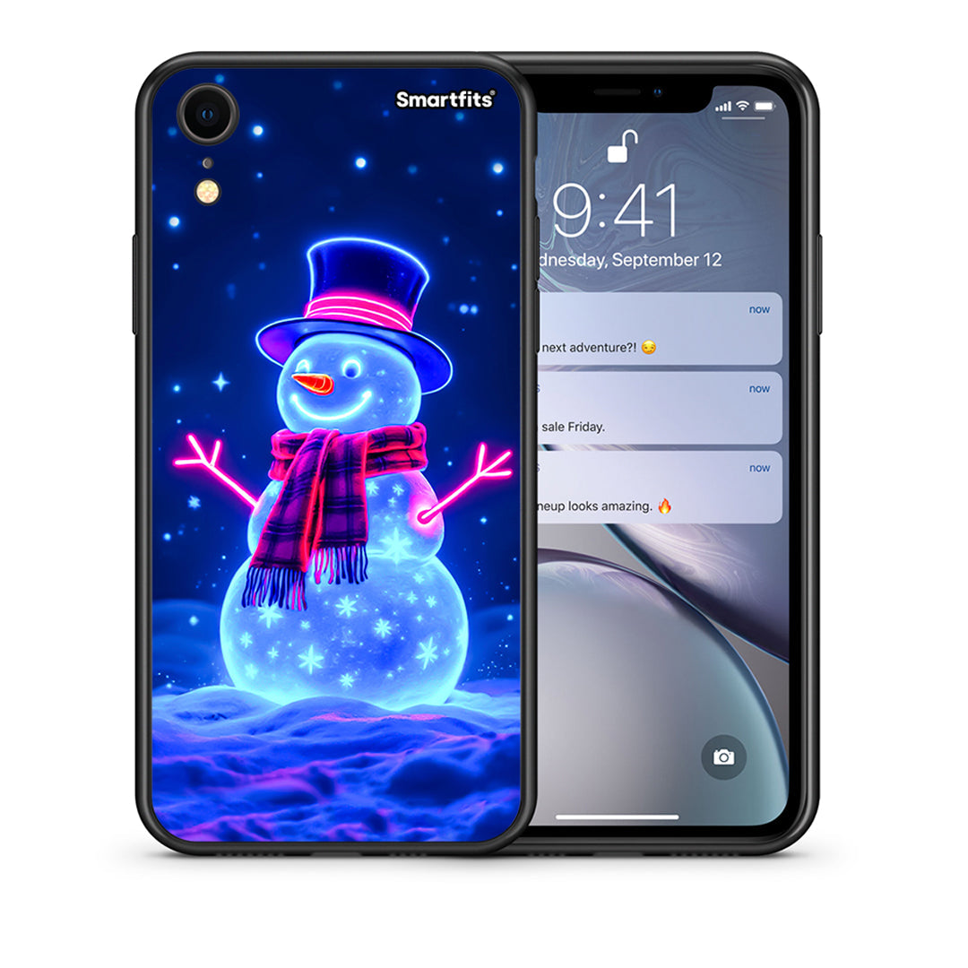 Θήκη iPhone XR Christmas Neon Snowman από τη Smartfits με σχέδιο στο πίσω μέρος και μαύρο περίβλημα | iPhone XR Christmas Neon Snowman case with colorful back and black bezels