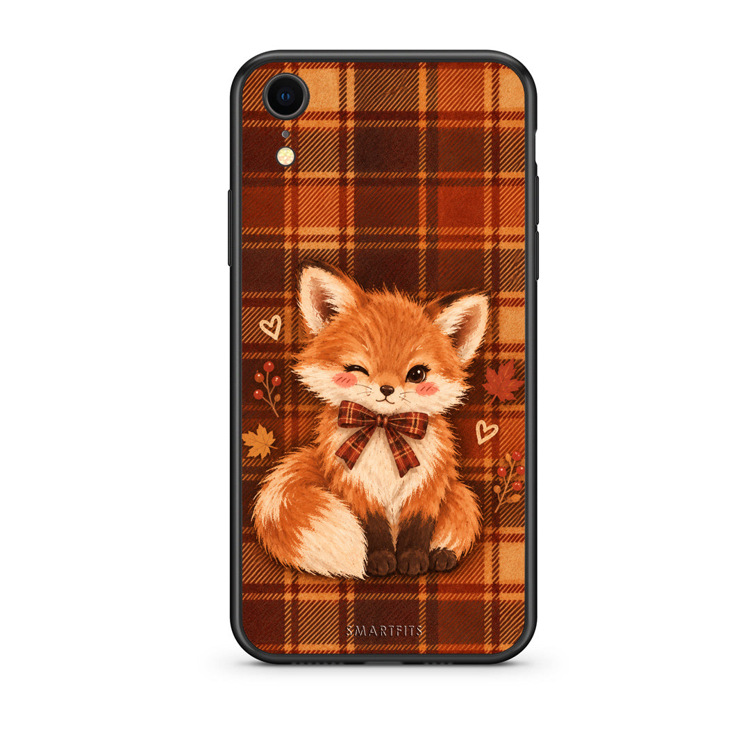 Θήκη iPhone XR Fox on Autumn Tartan από τη Smartfits με σχέδιο στο πίσω μέρος και μαύρο περίβλημα | iPhone XR Fox on Autumn Tartan case with colorful back and black bezels