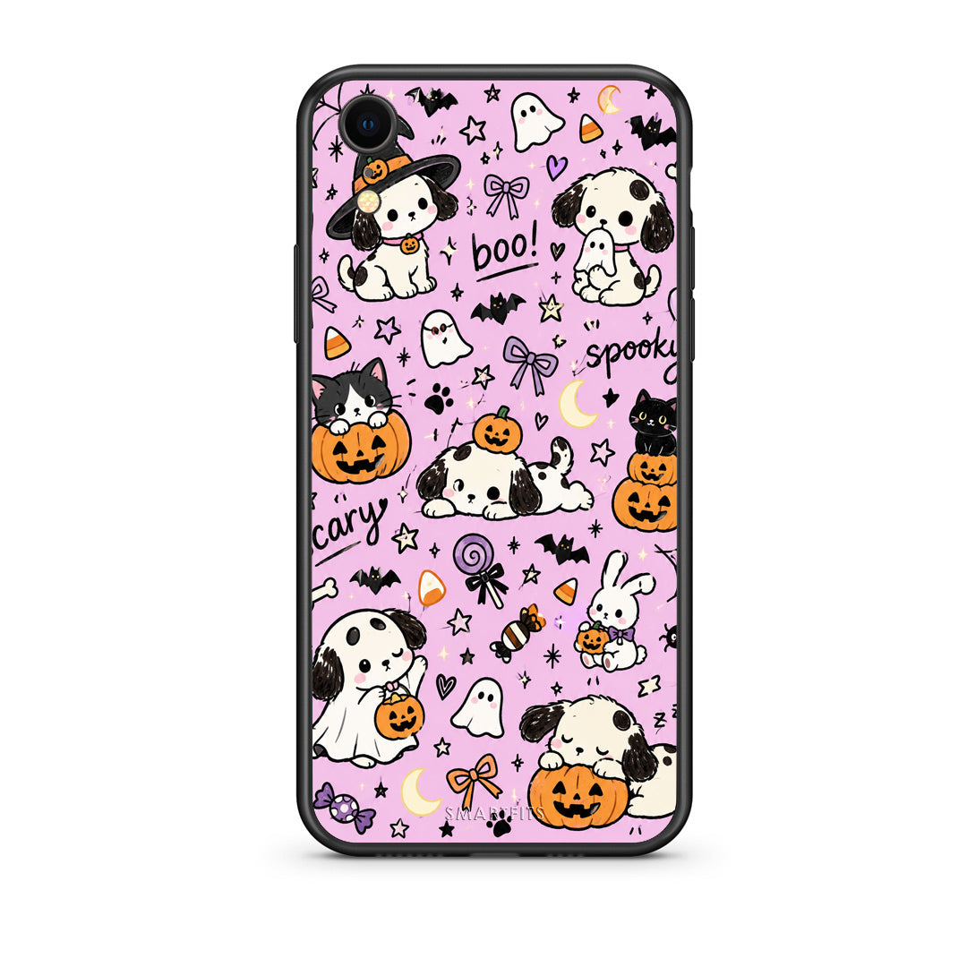 Θήκη iPhone XR Halloween Puppies and Friends on Lilac από τη Smartfits με σχέδιο στο πίσω μέρος και μαύρο περίβλημα | iPhone XR Halloween Puppies and Friends on Lilac case with colorful back and black bezels