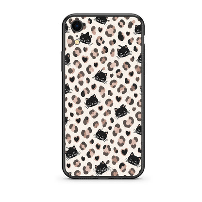 Θήκη iPhone XR Leopard Spots and Black Cats on Cream από τη Smartfits με σχέδιο στο πίσω μέρος και μαύρο περίβλημα | iPhone XR Leopard Spots and Black Cats on Cream case with colorful back and black bezels