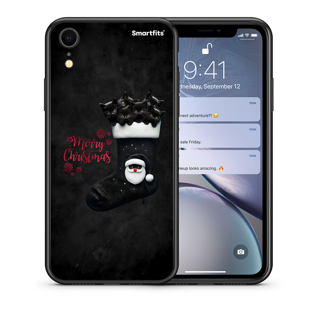 Θήκη iPhone XR Merry Cat Christmas από τη Smartfits με σχέδιο στο πίσω μέρος και μαύρο περίβλημα | iPhone XR Merry Cat Christmas case with colorful back and black bezels