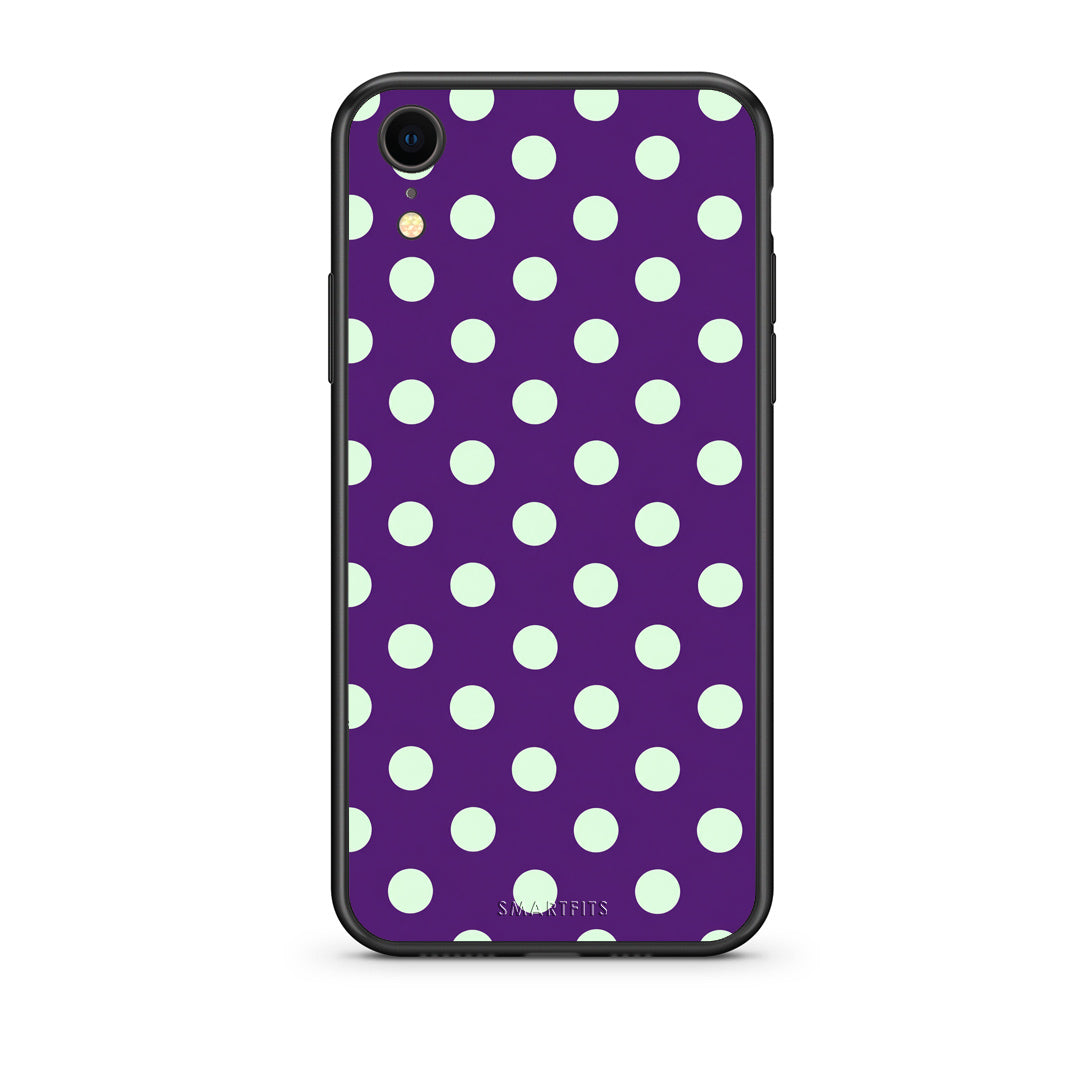 Θήκη iPhone XR Mint Polka Dots on Purple από τη Smartfits με σχέδιο στο πίσω μέρος και μαύρο περίβλημα | iPhone XR Mint Polka Dots on Purple case with colorful back and black bezels