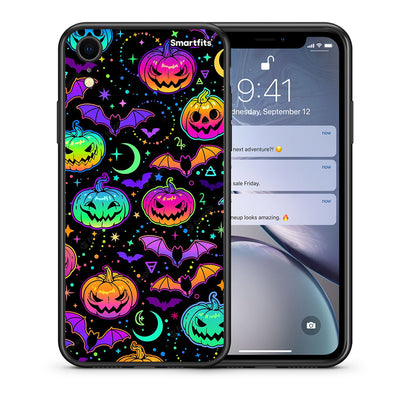 Θήκη iPhone XR Neon Halloween από τη Smartfits με σχέδιο στο πίσω μέρος και μαύρο περίβλημα | iPhone XR Neon Halloween case with colorful back and black bezels