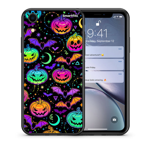 Θήκη iPhone XR Neon Halloween από τη Smartfits με σχέδιο στο πίσω μέρος και μαύρο περίβλημα | iPhone XR Neon Halloween case with colorful back and black bezels