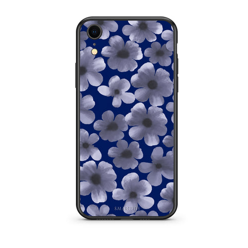 Θήκη iPhone XR Pale Blue Flowers on Navy από τη Smartfits με σχέδιο στο πίσω μέρος και μαύρο περίβλημα | iPhone XR Pale Blue Flowers on Navy case with colorful back and black bezels