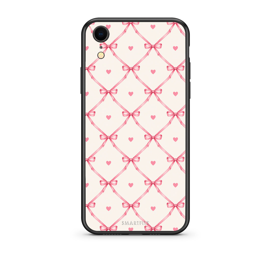 Θήκη iPhone XR Pink Bow Lattice and Hearts on Cream από τη Smartfits με σχέδιο στο πίσω μέρος και μαύρο περίβλημα | iPhone XR Pink Bow Lattice and Hearts on Cream case with colorful back and black bezels