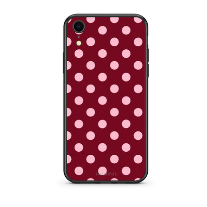 Θήκη iPhone XR Pink Polka Dots on Burgundy από τη Smartfits με σχέδιο στο πίσω μέρος και μαύρο περίβλημα | iPhone XR Pink Polka Dots on Burgundy case with colorful back and black bezels
