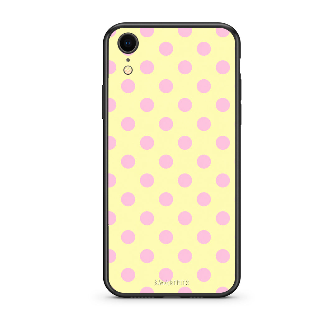 Θήκη iPhone XR Pink Polka Dots on Yellow από τη Smartfits με σχέδιο στο πίσω μέρος και μαύρο περίβλημα | iPhone XR Pink Polka Dots on Yellow case with colorful back and black bezels