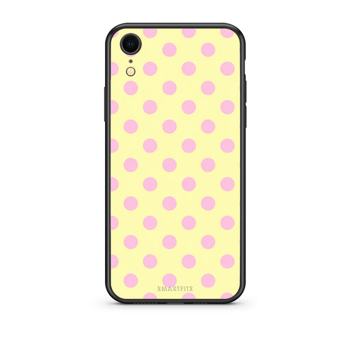 Θήκη iPhone XR Pink Polka Dots on Yellow από τη Smartfits με σχέδιο στο πίσω μέρος και μαύρο περίβλημα | iPhone XR Pink Polka Dots on Yellow case with colorful back and black bezels