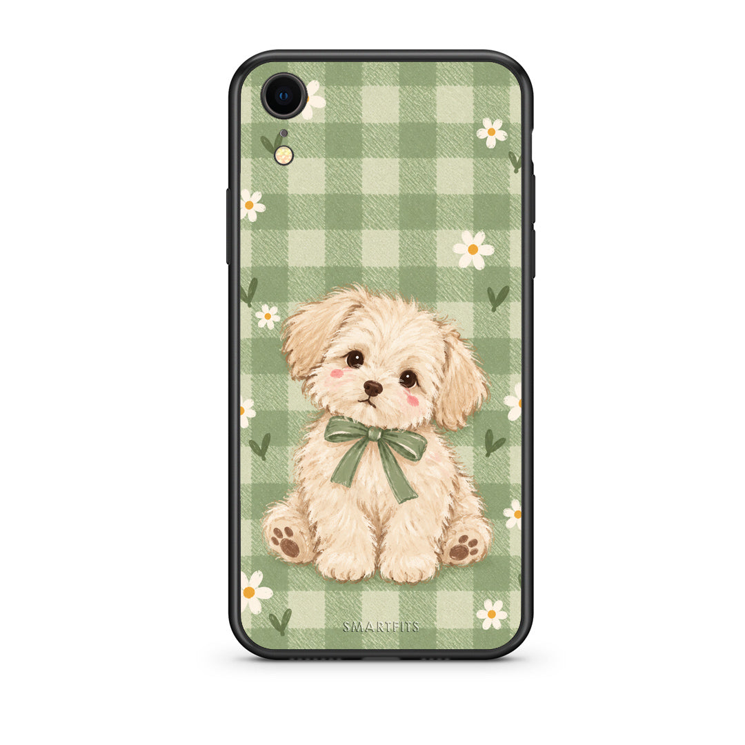 Θήκη iPhone XR Puppy and Daisies on Sage Gingham από τη Smartfits με σχέδιο στο πίσω μέρος και μαύρο περίβλημα | iPhone XR Puppy and Daisies on Sage Gingham case with colorful back and black bezels