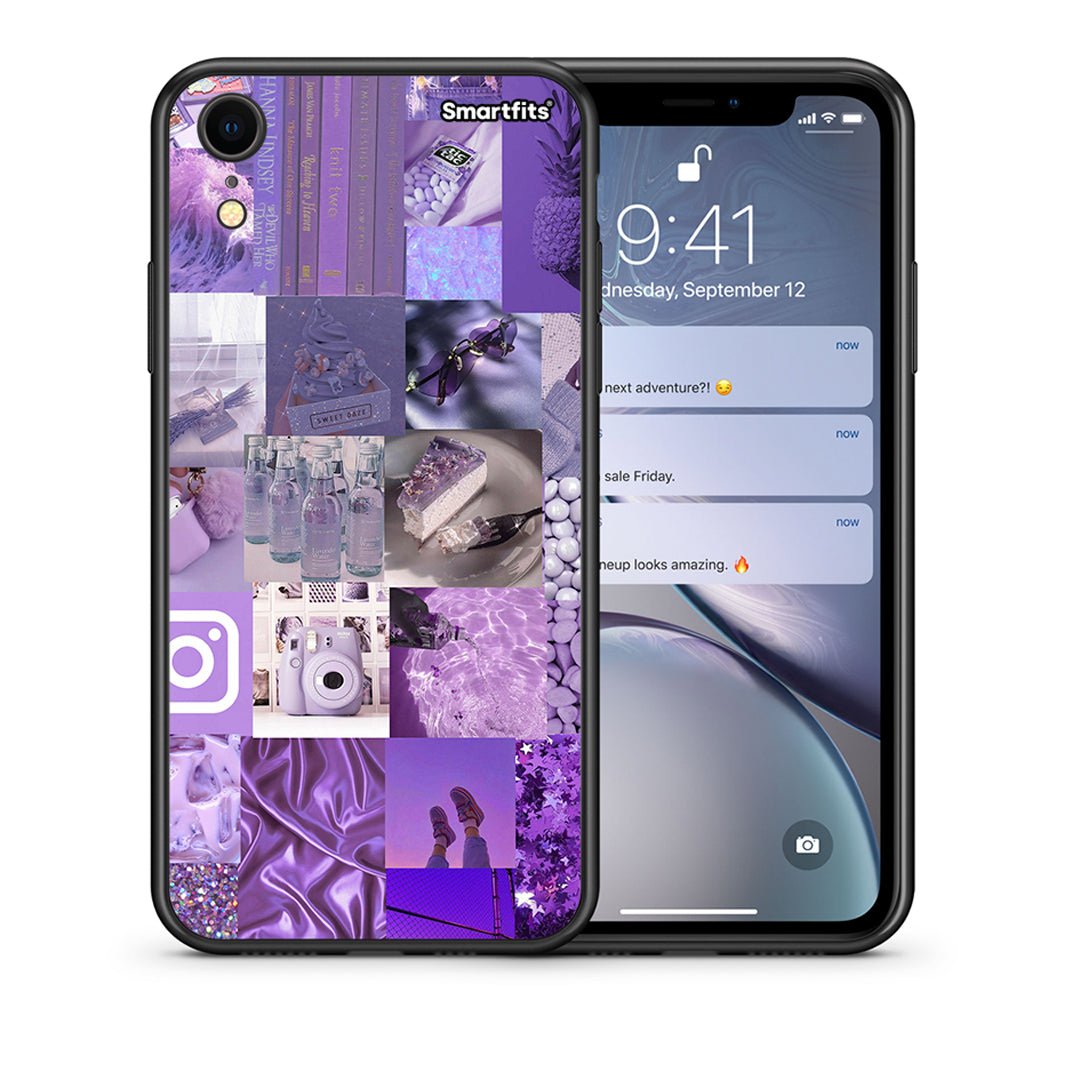 Θήκη iPhone XR Purple Aesthetic Collage από τη Smartfits με σχέδιο στο πίσω μέρος και μαύρο περίβλημα | iPhone XR Purple Aesthetic Collage case with colorful back and black bezels