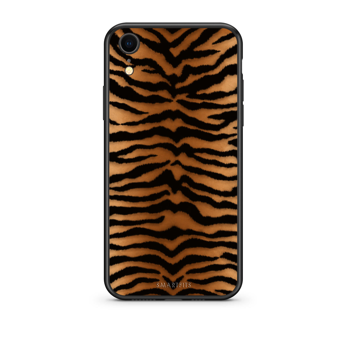 Θήκη iPhone XR Tiger Print Orange and Black από τη Smartfits με σχέδιο στο πίσω μέρος και μαύρο περίβλημα | iPhone XR Tiger Print Orange and Black case with colorful back and black bezels