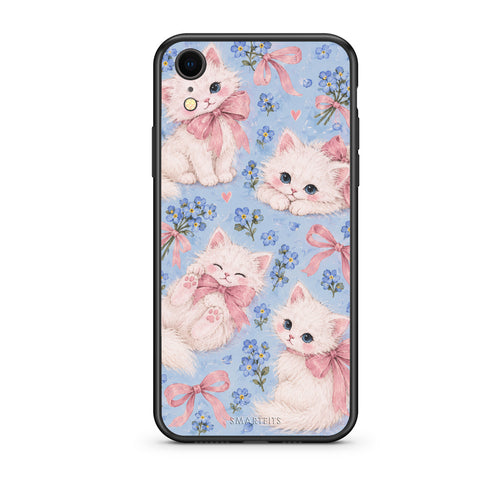 Θήκη iPhone XR White Kittens and Blue Flowers Large από τη Smartfits με σχέδιο στο πίσω μέρος και μαύρο περίβλημα | iPhone XR White Kittens and Blue Flowers Large case with colorful back and black bezels