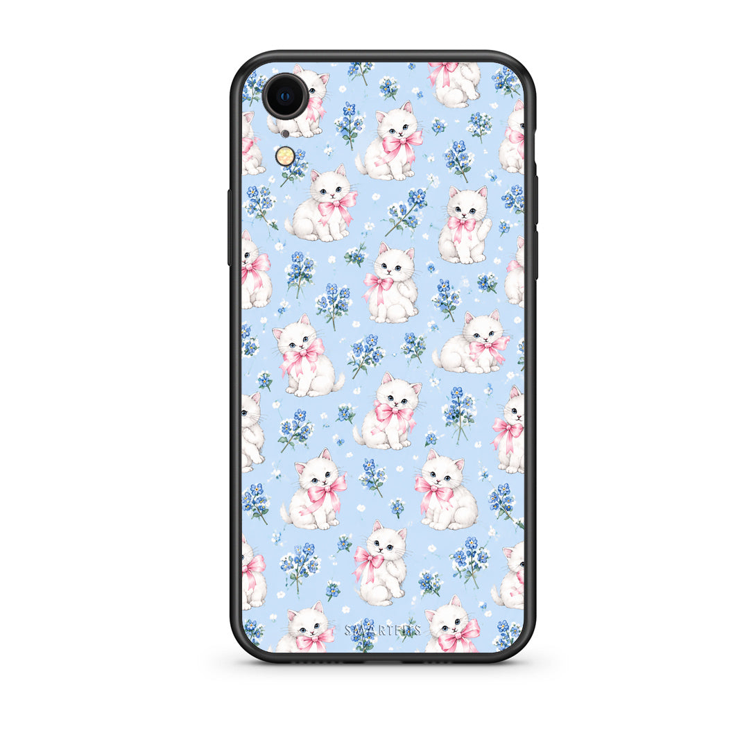 Θήκη iPhone XR White Kittens and Blue Flowers Small από τη Smartfits με σχέδιο στο πίσω μέρος και μαύρο περίβλημα | iPhone XR White Kittens and Blue Flowers Small case with colorful back and black bezels