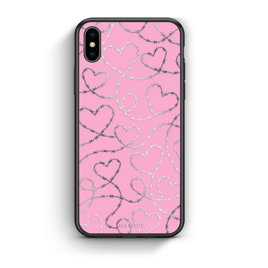 Θήκη iPhone X / Xs Barbed Wire Hearts on Pink από τη Smartfits με σχέδιο στο πίσω μέρος και μαύρο περίβλημα | iPhone X / Xs Barbed Wire Hearts on Pink case with colorful back and black bezels