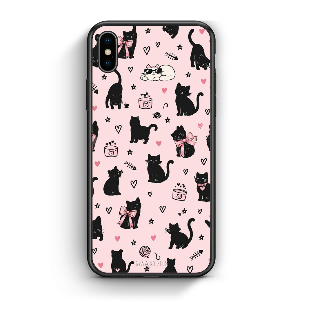 Θήκη iPhone X / Xs Black Cat Doodles on Pink από τη Smartfits με σχέδιο στο πίσω μέρος και μαύρο περίβλημα | iPhone X / Xs Black Cat Doodles on Pink case with colorful back and black bezels
