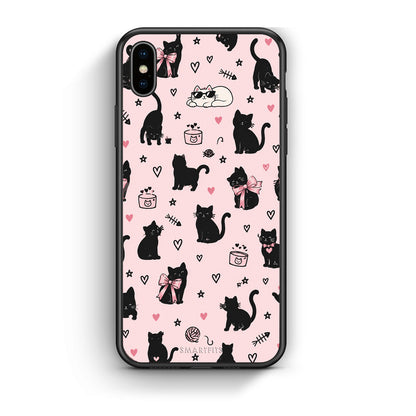 Θήκη iPhone X / Xs Black Cat Doodles on Pink από τη Smartfits με σχέδιο στο πίσω μέρος και μαύρο περίβλημα | iPhone X / Xs Black Cat Doodles on Pink case with colorful back and black bezels
