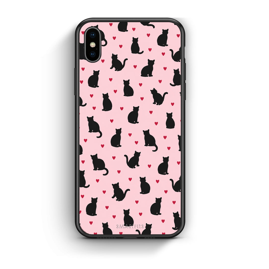 Θήκη iPhone X / Xs Black Cat Silhouettes and Hearts on Pink από τη Smartfits με σχέδιο στο πίσω μέρος και μαύρο περίβλημα | iPhone X / Xs Black Cat Silhouettes and Hearts on Pink case with colorful back and black bezels
