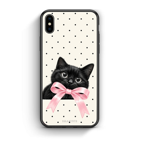 Θήκη iPhone Xs Max Black Kitten Pink Bow and Polka Dots από τη Smartfits με σχέδιο στο πίσω μέρος και μαύρο περίβλημα | iPhone Xs Max Black Kitten Pink Bow and Polka Dots case with colorful back and black bezels