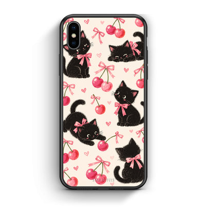 Θήκη iPhone Xs Max Black Kittens and Cherries on Cream από τη Smartfits με σχέδιο στο πίσω μέρος και μαύρο περίβλημα | iPhone Xs Max Black Kittens and Cherries on Cream case with colorful back and black bezels