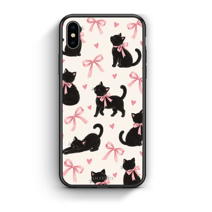 Θήκη iPhone Xs Max Black Kittens and Pink Bows on Cream Large από τη Smartfits με σχέδιο στο πίσω μέρος και μαύρο περίβλημα | iPhone Xs Max Black Kittens and Pink Bows on Cream Large case with colorful back and black bezels