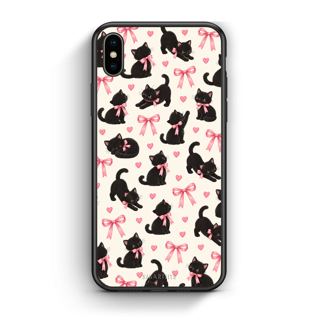 Θήκη iPhone Xs Max Black Kittens and Pink Bows on Cream Small από τη Smartfits με σχέδιο στο πίσω μέρος και μαύρο περίβλημα | iPhone Xs Max Black Kittens and Pink Bows on Cream Small case with colorful back and black bezels
