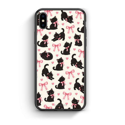 Θήκη iPhone Xs Max Black Kittens and Pink Bows on Cream Small από τη Smartfits με σχέδιο στο πίσω μέρος και μαύρο περίβλημα | iPhone Xs Max Black Kittens and Pink Bows on Cream Small case with colorful back and black bezels
