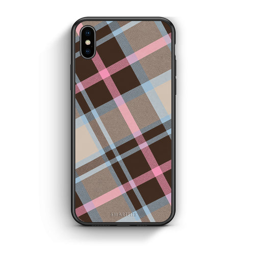 Θήκη iPhone Xs Max Brown Pink and Blue Diagonal Plaid από τη Smartfits με σχέδιο στο πίσω μέρος και μαύρο περίβλημα | iPhone Xs Max Brown Pink and Blue Diagonal Plaid case with colorful back and black bezels