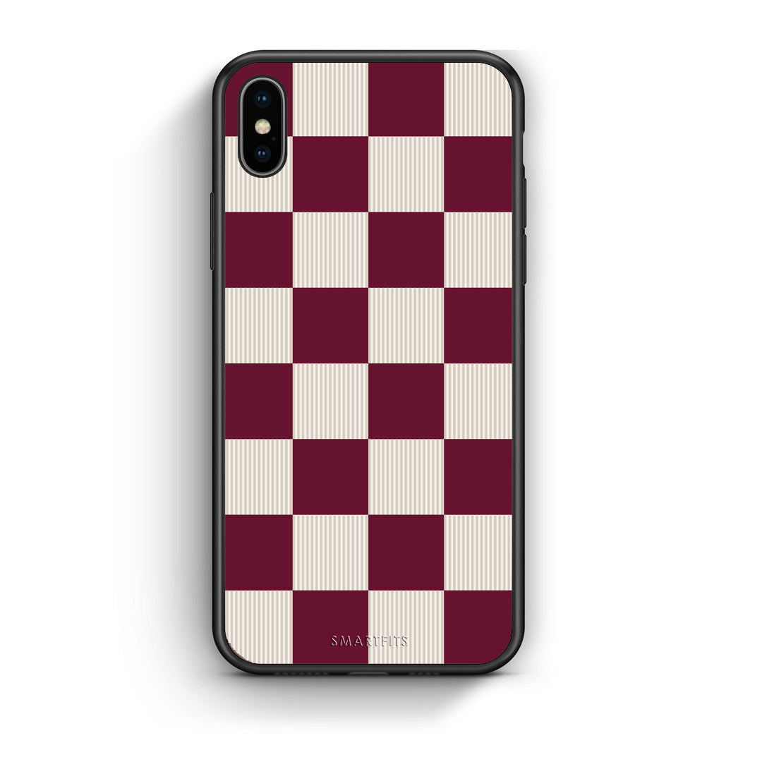 Θήκη iPhone Xs Max Burgundy and Cream Striped Checks από τη Smartfits με σχέδιο στο πίσω μέρος και μαύρο περίβλημα | iPhone Xs Max Burgundy and Cream Striped Checks case with colorful back and black bezels