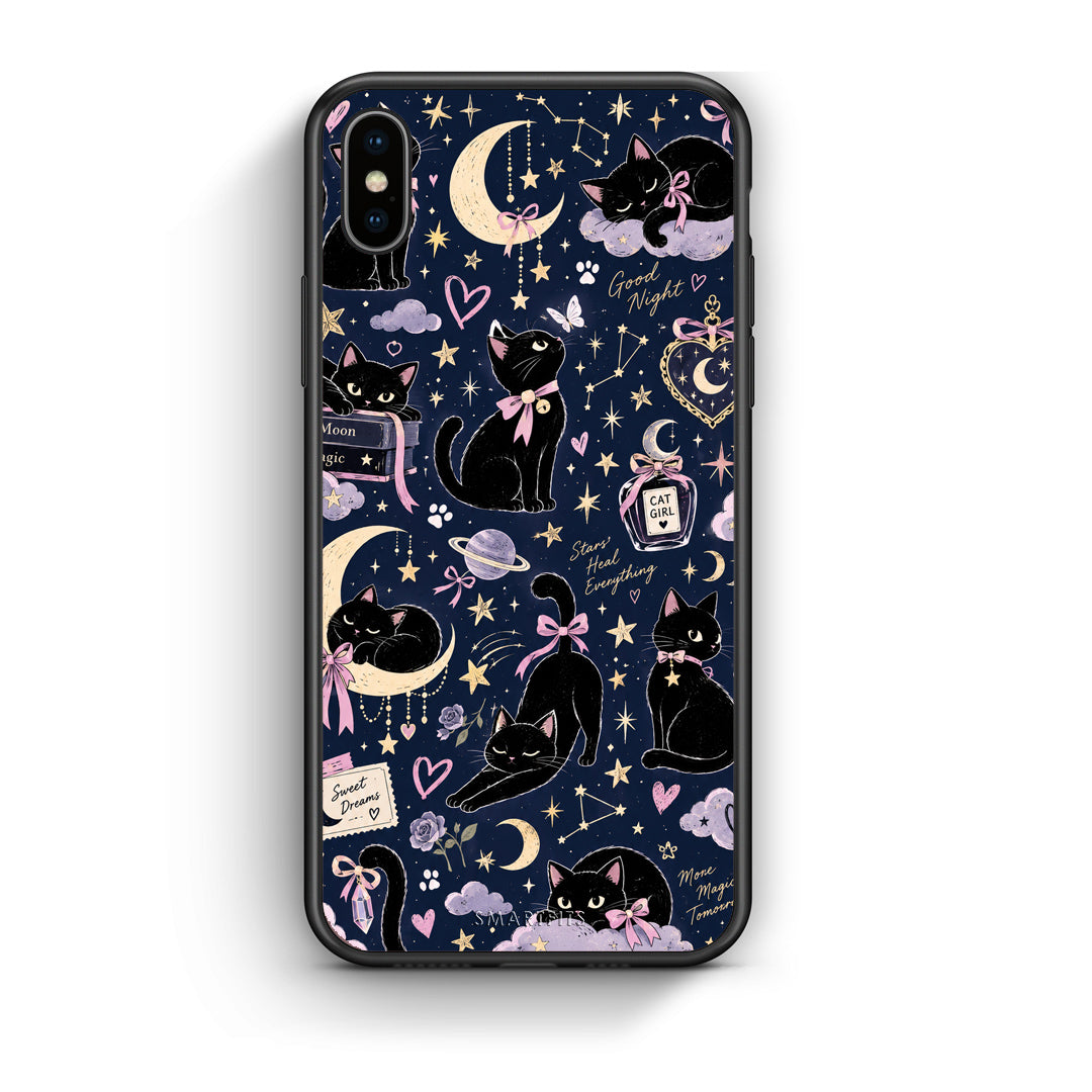 Θήκη iPhone Xs Max Celestial Black Cats on Navy από τη Smartfits με σχέδιο στο πίσω μέρος και μαύρο περίβλημα | iPhone Xs Max Celestial Black Cats on Navy case with colorful back and black bezels