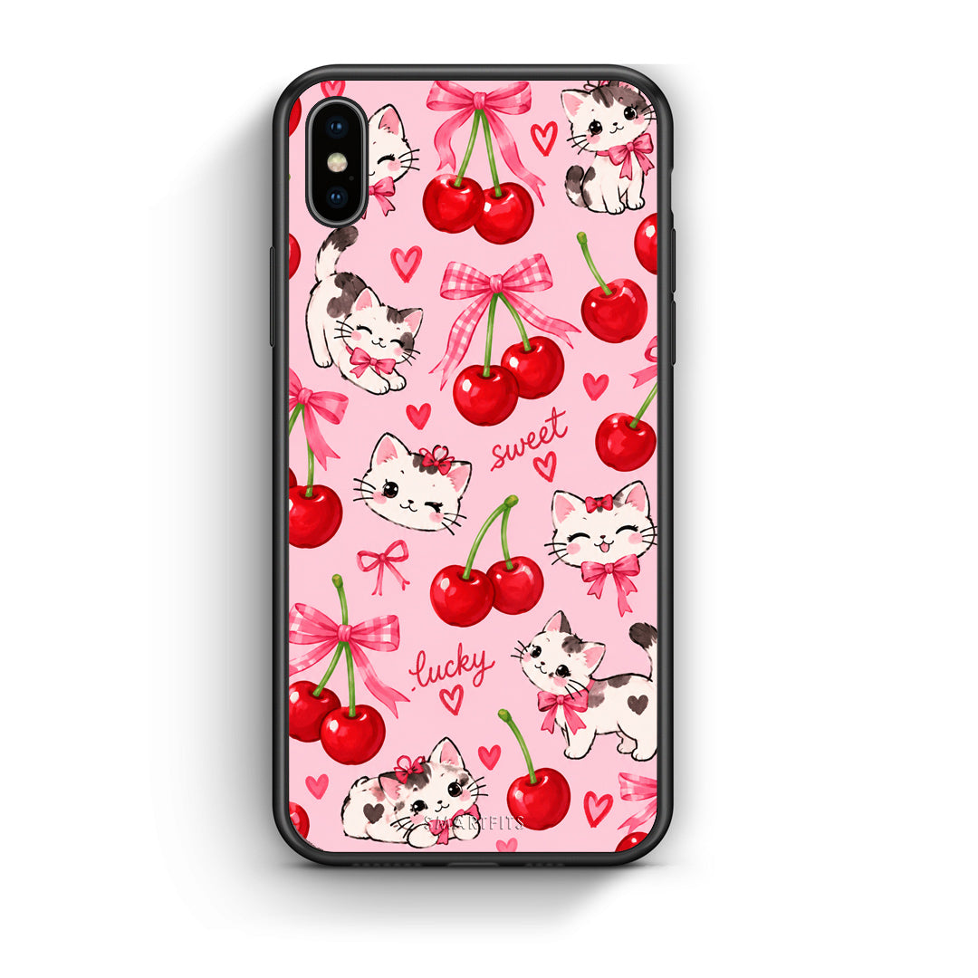 Θήκη iPhone Xs Max Cherries Bows and Kittens on Pink από τη Smartfits με σχέδιο στο πίσω μέρος και μαύρο περίβλημα | iPhone Xs Max Cherries Bows and Kittens on Pink case with colorful back and black bezels