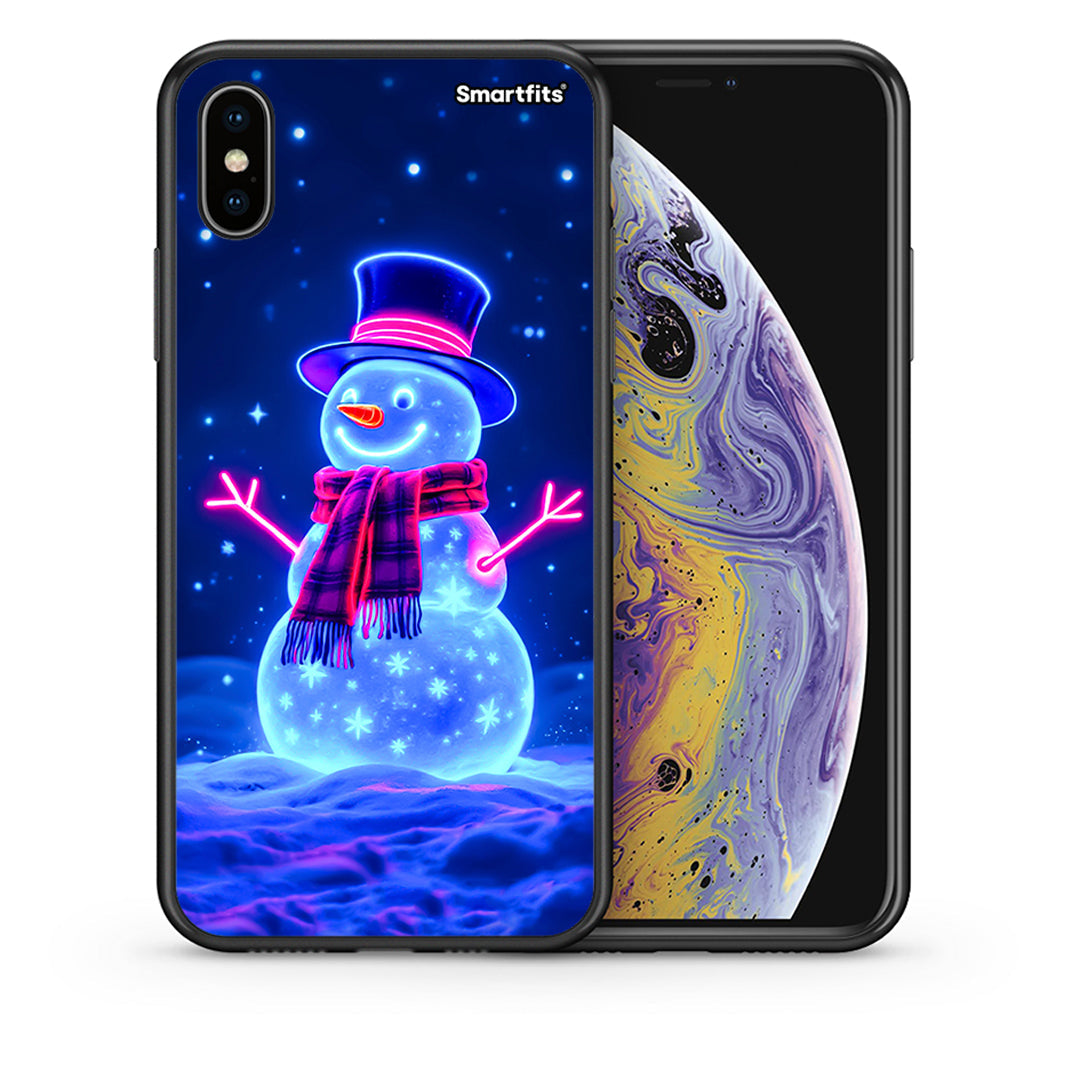 Θήκη iPhone X/Xs Christmas Neon Snowman από τη Smartfits με σχέδιο στο πίσω μέρος και μαύρο περίβλημα | iPhone X/Xs Christmas Neon Snowman case with colorful back and black bezels