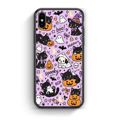 Θήκη iPhone Xs Max Halloween Black Cats on Lilac από τη Smartfits με σχέδιο στο πίσω μέρος και μαύρο περίβλημα | iPhone Xs Max Halloween Black Cats on Lilac case with colorful back and black bezels
