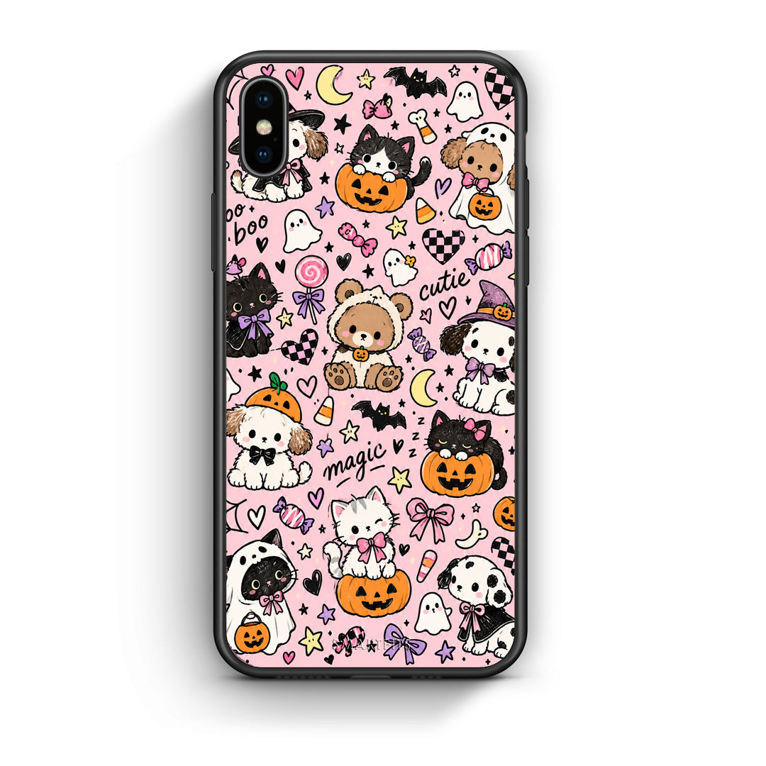 Θήκη iPhone Xs Max Halloween Cute Animals on Pink από τη Smartfits με σχέδιο στο πίσω μέρος και μαύρο περίβλημα | iPhone Xs Max Halloween Cute Animals on Pink case with colorful back and black bezels