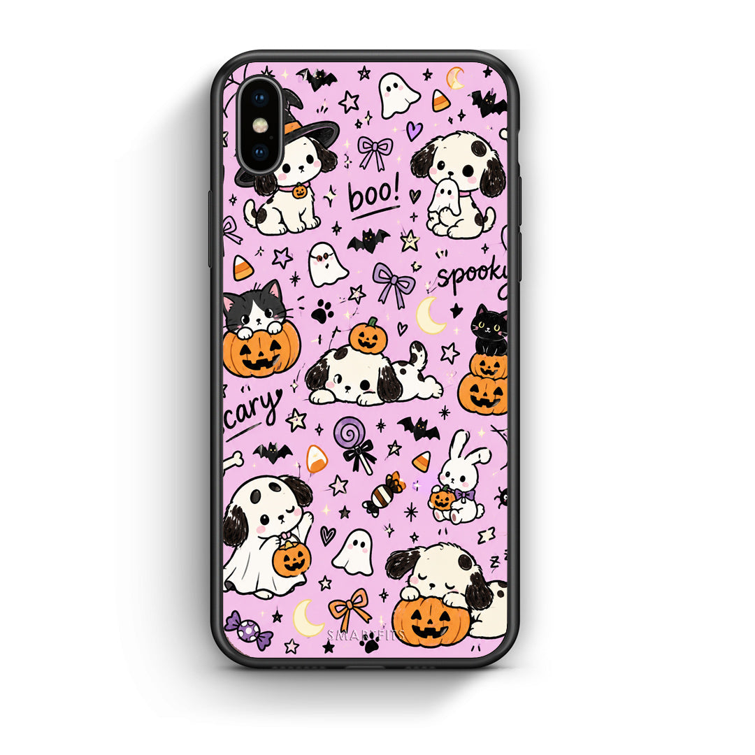 Θήκη iPhone Xs Max Halloween Puppies and Friends on Lilac από τη Smartfits με σχέδιο στο πίσω μέρος και μαύρο περίβλημα | iPhone Xs Max Halloween Puppies and Friends on Lilac case with colorful back and black bezels