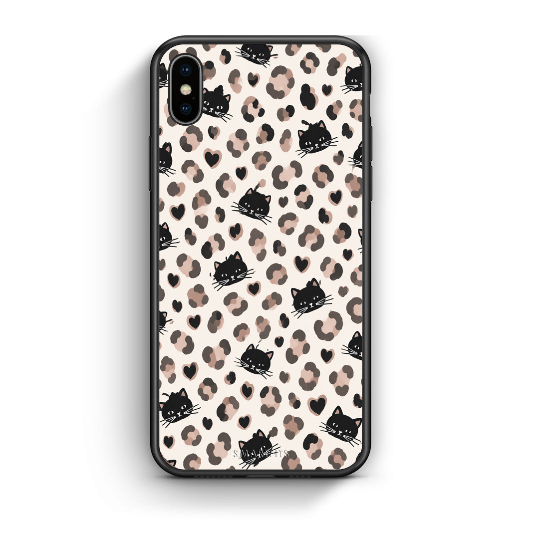 Θήκη iPhone Xs Max Leopard Spots and Black Cats on Cream από τη Smartfits με σχέδιο στο πίσω μέρος και μαύρο περίβλημα | iPhone Xs Max Leopard Spots and Black Cats on Cream case with colorful back and black bezels