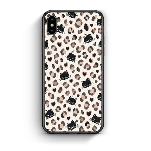 Θήκη iPhone Xs Max Leopard Spots and Black Cats on Cream από τη Smartfits με σχέδιο στο πίσω μέρος και μαύρο περίβλημα | iPhone Xs Max Leopard Spots and Black Cats on Cream case with colorful back and black bezels