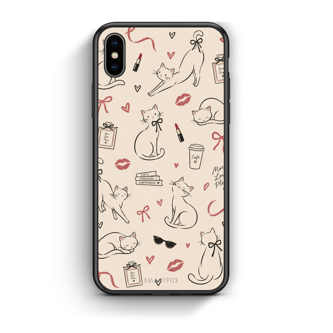 Θήκη iPhone Xs Max Minimal Cat and Fashion Doodles on Cream από τη Smartfits με σχέδιο στο πίσω μέρος και μαύρο περίβλημα | iPhone Xs Max Minimal Cat and Fashion Doodles on Cream case with colorful back and black bezels