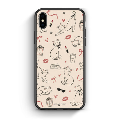 Θήκη iPhone Xs Max Minimal Cat and Fashion Doodles on Cream από τη Smartfits με σχέδιο στο πίσω μέρος και μαύρο περίβλημα | iPhone Xs Max Minimal Cat and Fashion Doodles on Cream case with colorful back and black bezels