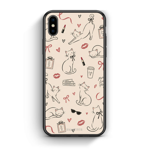 Θήκη iPhone Xs Max Minimal Cat and Fashion Doodles on Cream από τη Smartfits με σχέδιο στο πίσω μέρος και μαύρο περίβλημα | iPhone Xs Max Minimal Cat and Fashion Doodles on Cream case with colorful back and black bezels