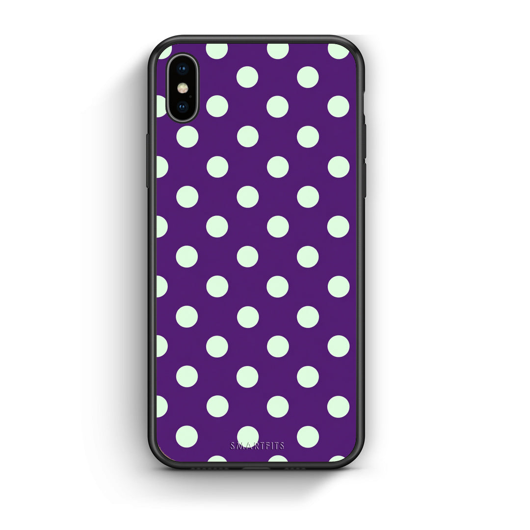 Θήκη iPhone Xs Max Mint Polka Dots on Purple από τη Smartfits με σχέδιο στο πίσω μέρος και μαύρο περίβλημα | iPhone Xs Max Mint Polka Dots on Purple case with colorful back and black bezels